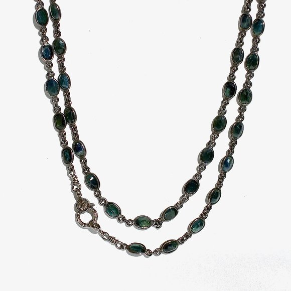 925 Silver Diamond and Faceted Natural Sapphire Long Necklace - Picture 6 of 6